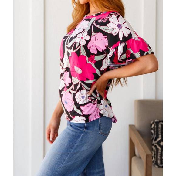 NEW HAPTICS floral first ruffle sleeve top in black - Picture 3 of 5